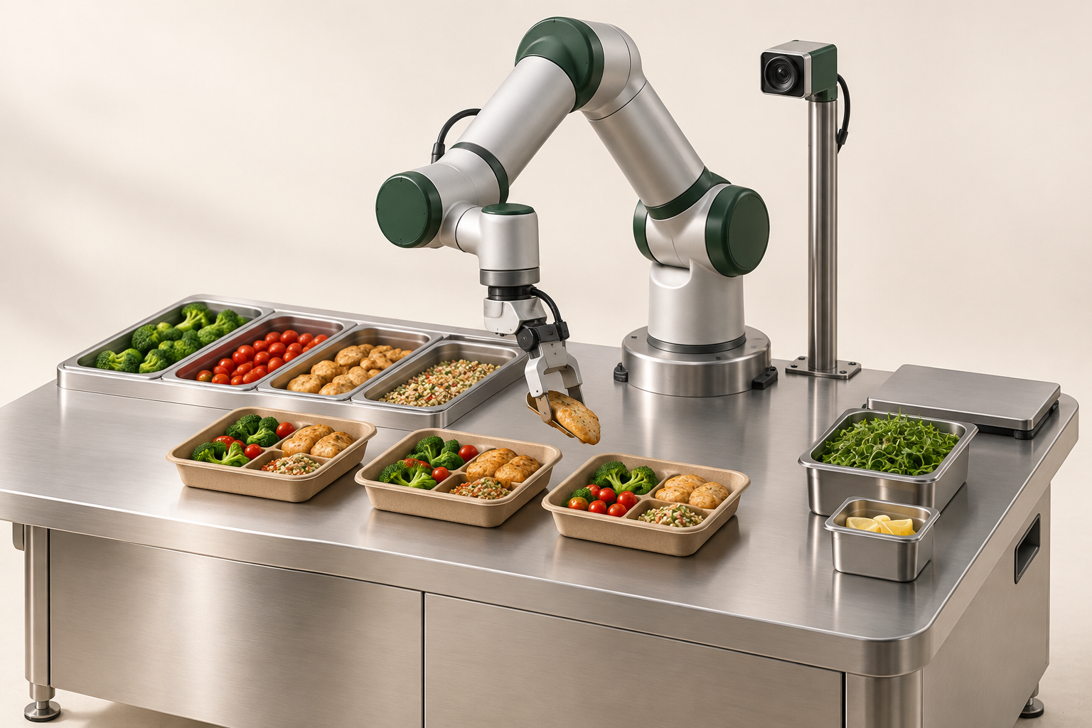 Concept visualization of a compact robot arm placing food into compartment trays at a stainless-steel workstation.